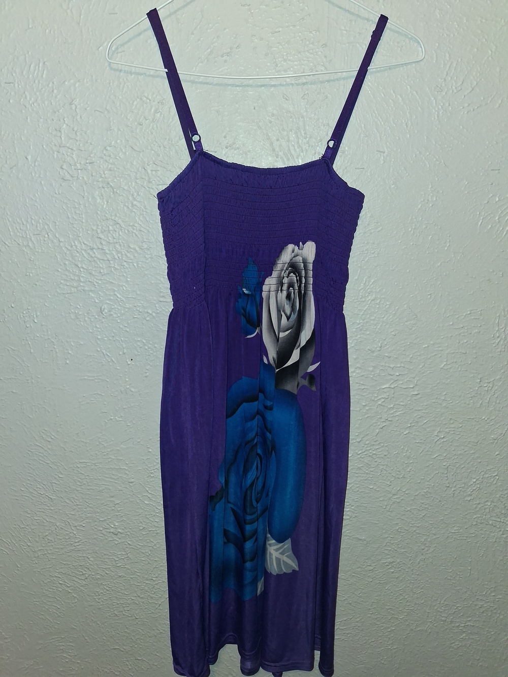 Purple Sundress with Blue and Gray Rose Print